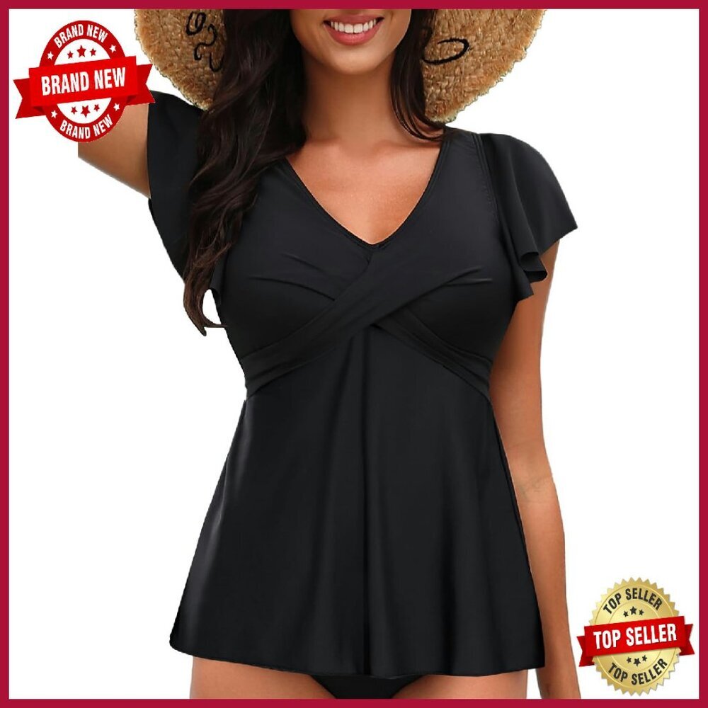 Ruffle Sleeve Tankini Top U-Back V-Neck Removable Cups Sizes S-XXL